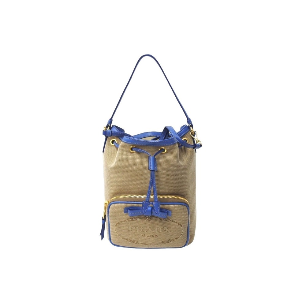 Prada drawstring handbag bag shoulder Beige jacquard blue Tan - Picture 2 of 8